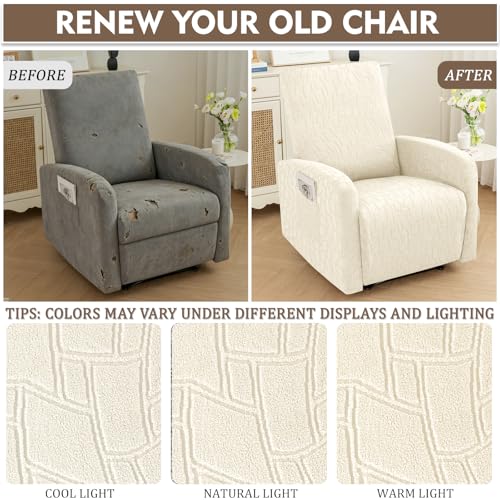 Image of ZNSAYOTX 100% Waterproof Recliner Chair Covers, 3-Piece Stretch Fit Recliner Slipcovers with Buckle & Elastic Band for Lazy Boy, Stay in Place, Soft Plaid Jacquard Protector (Small, Beige)