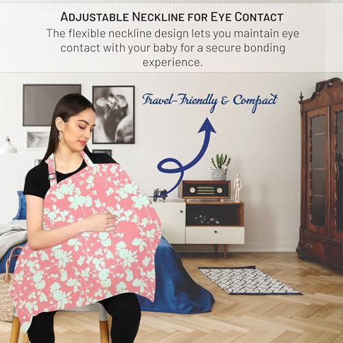 Image of ZIKKU 100% Cotton Nursing Cover for Breastfeeding, Soft and Breathable, Feeding Apron /Cover for Nursing Moms, Lightweight and Comfortable Maternity Breastfeeding Cover with Mobile Pocket (Pink Flower)