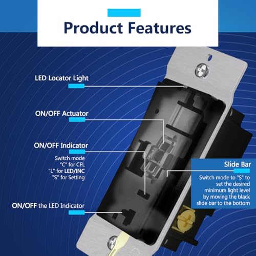 Image of LIDER Dimmer Paddle Switch for Dimmable 300W LED /CFL Lights, 1-Pole or 3-Way, 120 V, Modern Upgrade, Wall Plate Included, UL Listed, Thermoplastic, Matte Black, 1-Pack