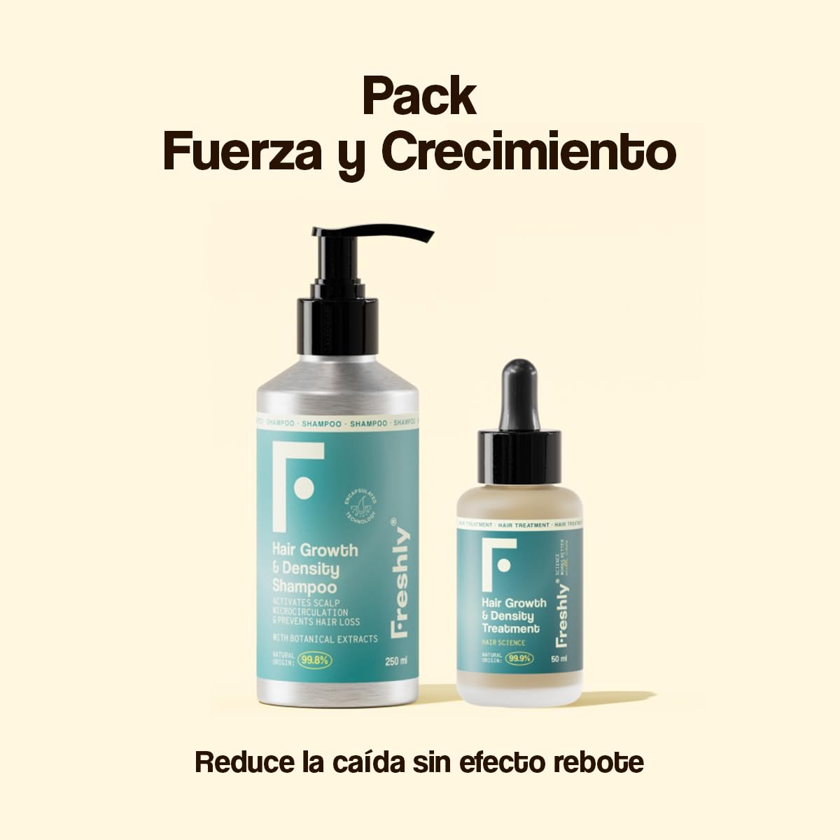 Freshly - Hair Growth & Density Anticaída Pack – Rutina Capilar Natural Anticaída – Champú + Tratamiento Sérum – Fortalece y Mejora Densidad del Cabello – Fórmula 99% Natural