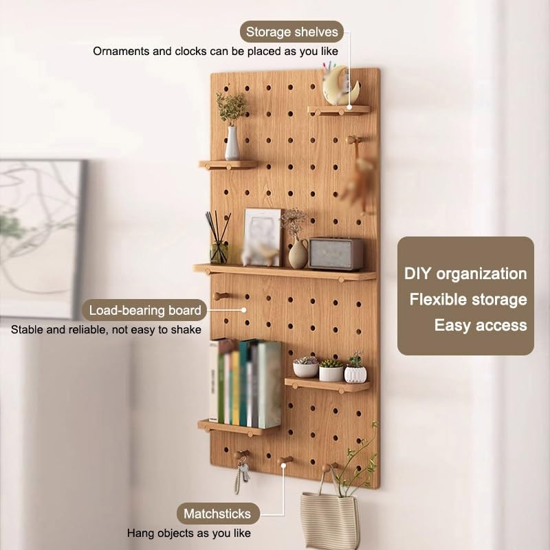 Pegboard-Wand-Organizer, modulares Hängeregal-Set zur Wandmontage mit Haken, Ausstellungsregal-Aufbewahrungsplatte für Wohnzimmer, Werkbank, Werkstatt, Schuppen (Hellbraun, 60 x 120 cm)