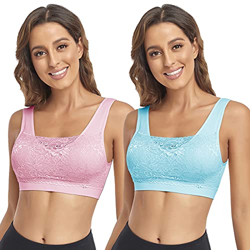 Image of Litthing Lace Bralettes for Women Padded Sports Bra Seamless Plus Size Tank Tops Wirefree Comfort Yoga Cami T Shirt Bras