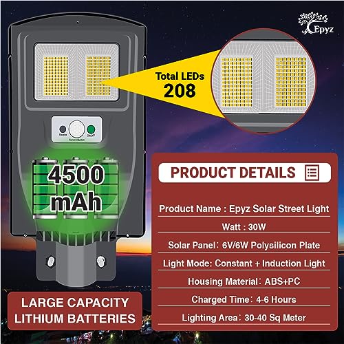Image of Epyz 30 Watt Grey Solar Street Lights with Remote, 208 LEDs, Motion Sensor for Garden, Street, Lawn, Patios and Pathways [ with Out Pole ] [ Pack of 1, Warm Yellow ]