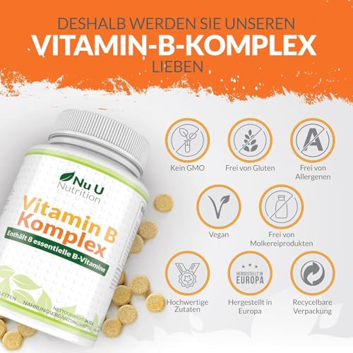 Vitamin B Komplex - 180 Vegan Tabletten - Alle 8 B Vitamine in einer Tablette - 6 Monate - Vitamine B1, B2, B3, B5, B6, B12, Biotin & Folsäure - Nahrungsergänzungsmittel von Nu U Nutrition
