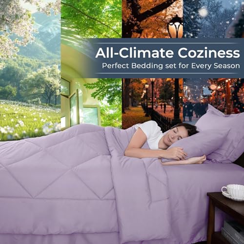 HEVUMYI Purple Twin-XL Comforter Set - 5-Piece All Season Bed in a Bag Twin-XL, Ultra Soft Bedding Set with Comforter, Flat Sheet, Fitted Sheet, Pillowcases, Pillow Shams, Lavender Purple