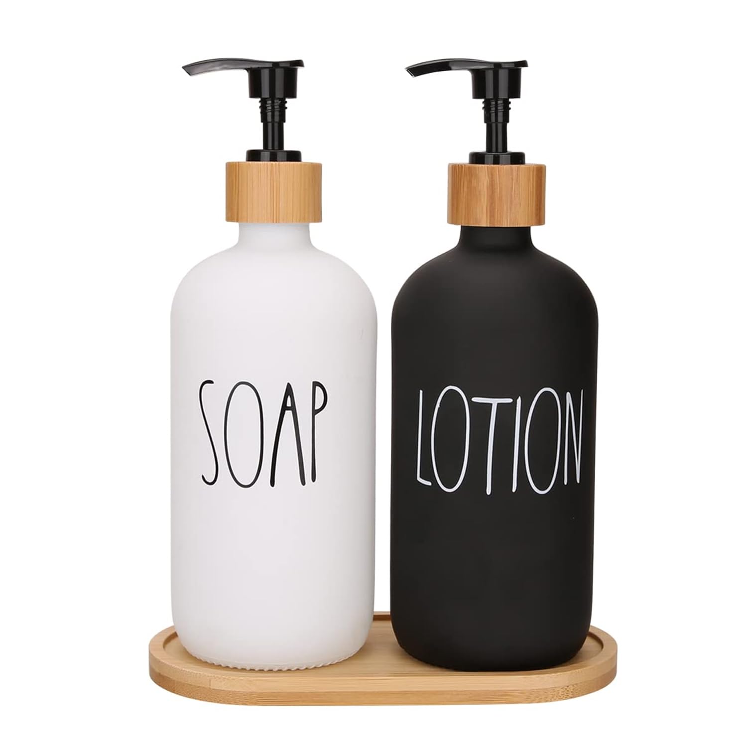 TIED RIBBONS Set of 2 Multipurpose Hand Soap and Lotion Dispenser Set (Glass, Black & White) with Wooden Tray for Bathroom Décor Modern Farmhouse Kitchen Art Dish Soap Holder-picture-31