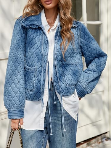 Image of Tankaneo Womens Quilted Denim Puffer Jackets Tie Front Bow Cropped Puffy Jackets Fall Cute Short Jeans Coat