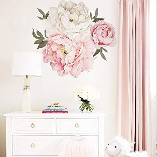 Watercolor Peony Flowers Wall Decals Removable, Peel and Stick Rose Wall Sticker, Floral Flowers Wall Murals Poster, Removable Wallpaper Peonies for Girls Kids Bedroom Nursery Room Wall Decor
