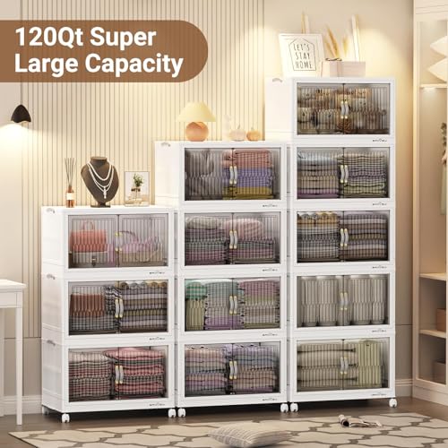 480Qt Stackable Storage Bins with Lid, Extra Large Closet Organizer Collapsible Drawer Boxes with Wheels, Folding Plastic Cabinet Containers for Home Kitchen Room Organization, 4Pack White