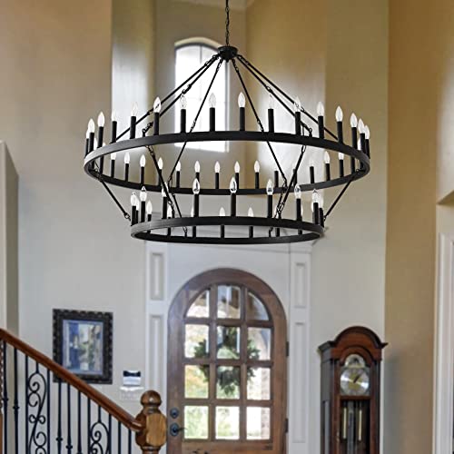 Yikrfiae Black Wagon Wheel Chandelier 2 Tier 54-Lights 60 Inch Extra Large Farmhouse Pendant Light Fixture, Round Rustic Hanging Lighting For Dining Room Kitchen Island Foyer Entryway #TOP5
