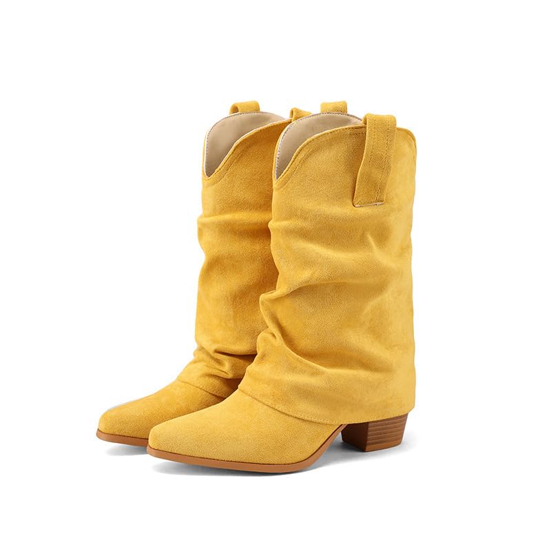 Fold Over Boots for Women Cowboy Boots Pull On Chunky Heel Pointed Toe Boots Western Cowgirl Casual Mid Calf Boots