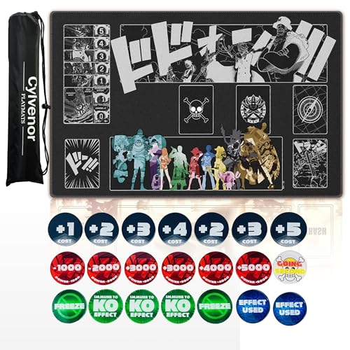 Cylvenor for one piece TCG playmat - 24x14 inches Rubber Card Game mat with Marked Areas 20 Acrylic counters & Storage Bag for one piece Card Game Fans (Crew)
