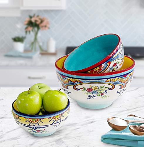Euro Ceramica Zanzibar Collection Vibrant Ceramic Mixing Bowls, 3 Piece Set, Spanish Floral Design, Assorted Sizes, Multicolor,176 fluid ounce - Image 5