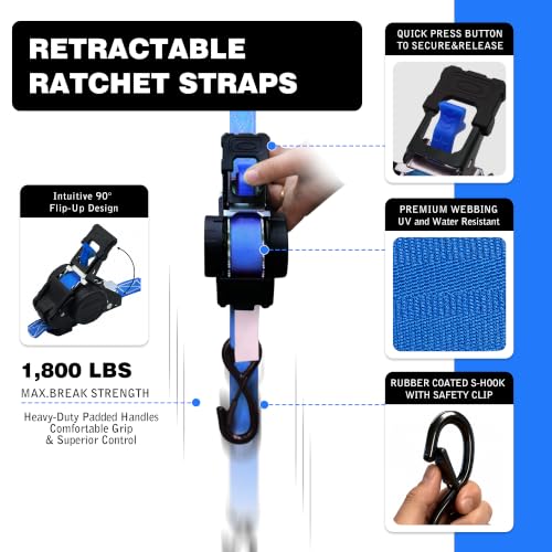 Image of Retractable Ratchet Straps 1 inch x 13 Ft, Bolt-On, 1,800 Lbs, Blue, 4 Pack