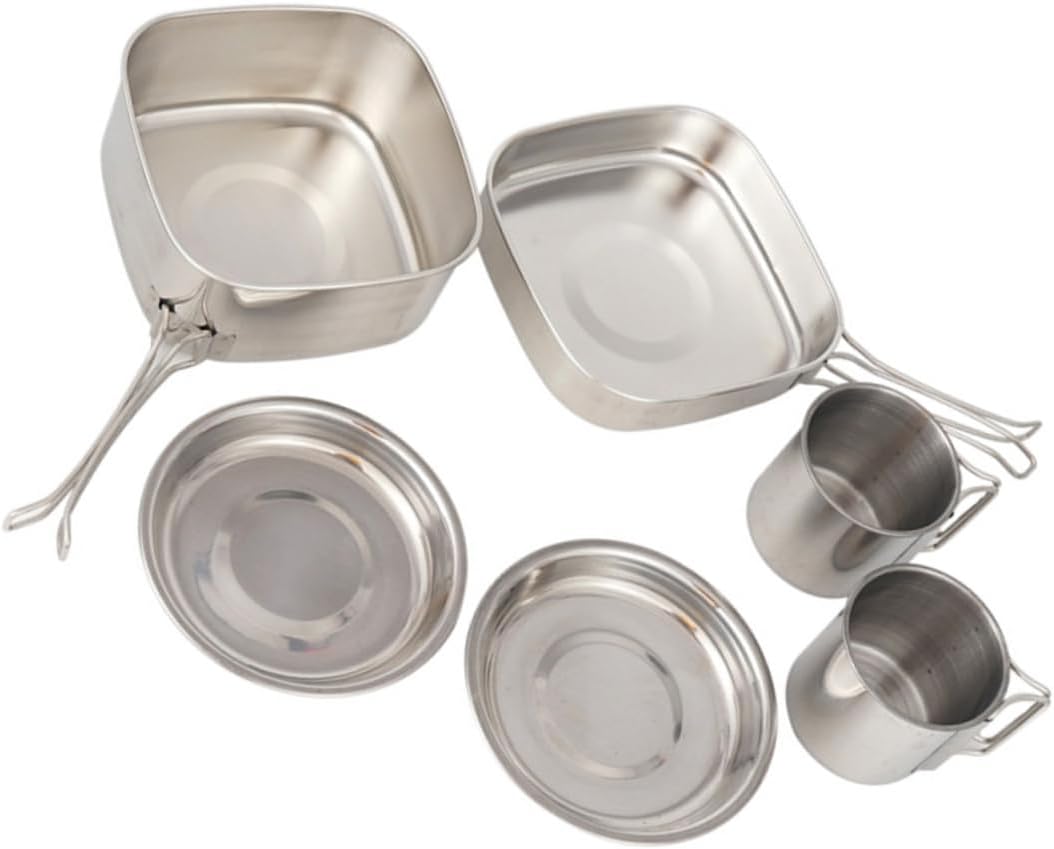 LIOOBO Backpacking Cooking Set Stainless Steel Pot Pan Set Plates Cups Easy to Clean Camping Cookware for Outdoor Activities Hiking Camping