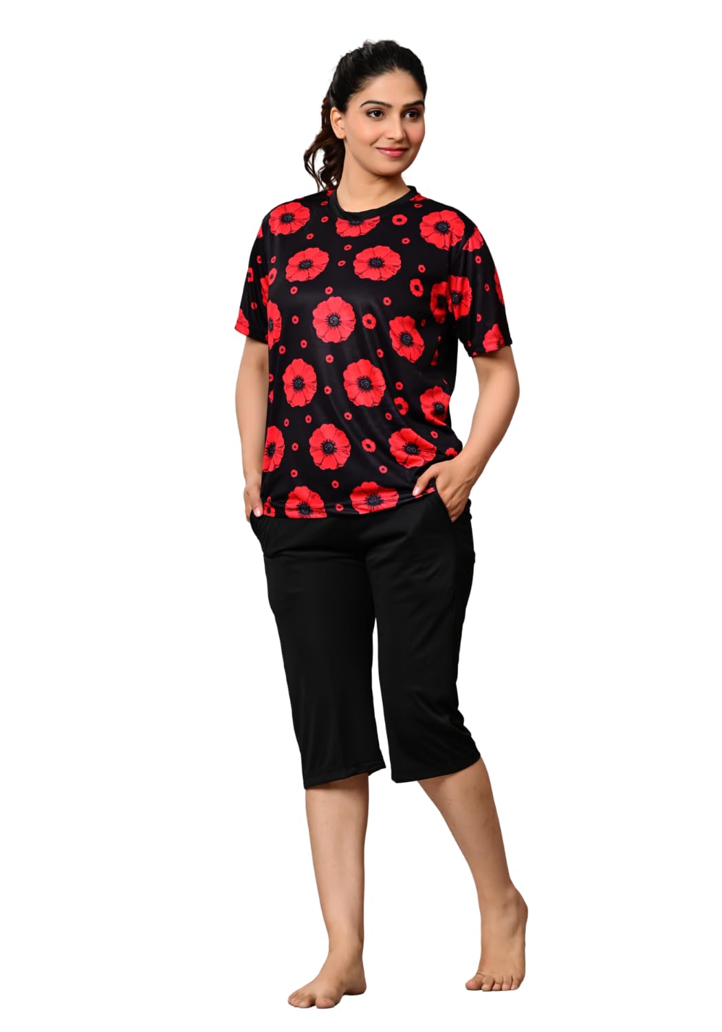 Women's Floral Print T-Shirt and Capri Set, Black with Red Flower Print, Half Sleeves, Swimwear-image-35