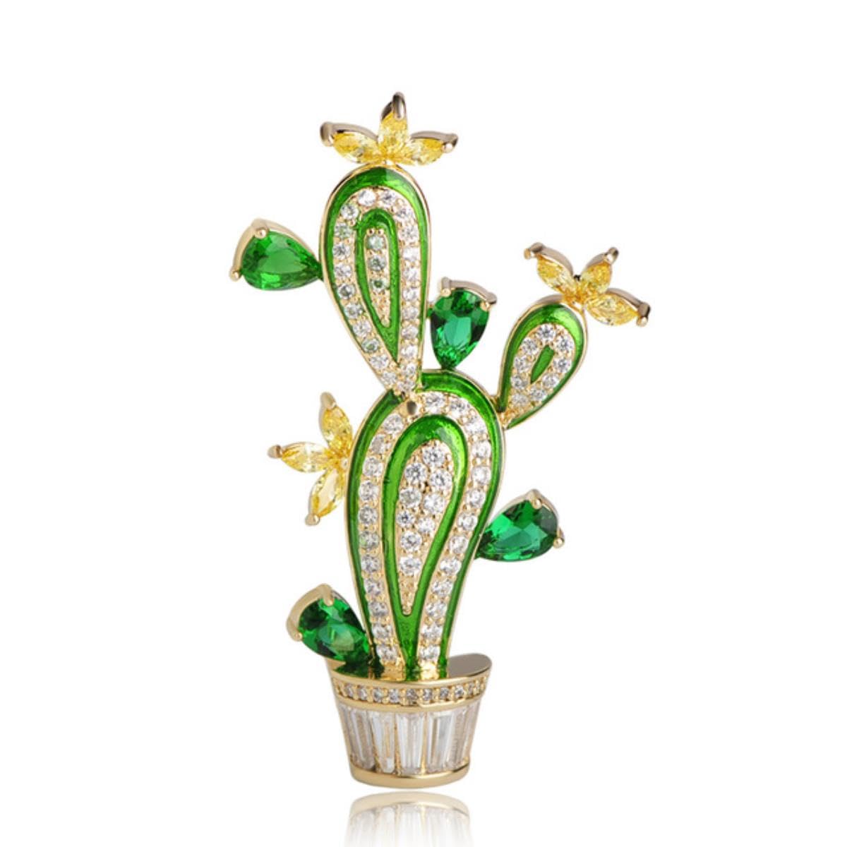 Yahoya Women's Gold Color Cactus Shape Plant Flower Brooches For Men Cubic Zircon Wedding Party Jewelry Hijab Pins Clothes Suit Accessories