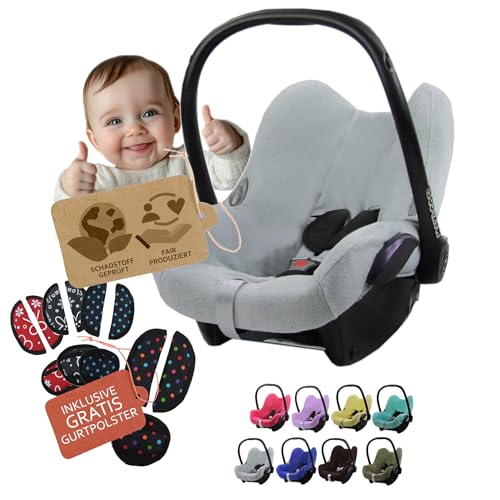 Funda de verano de rizo [funda protectora para capazo] Asiento de coche compatible con Maxi Cosi Cabrio Fix + almohadilla para cinturón de seguridad (gris claro + GP)