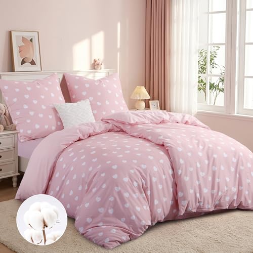 RUIKASI Bettwäsche 135x200 Baumwolle 4teilig Rosa - Baumwollbettwäsche 135 x 200 4tlg mit Herzen Muster Bettbezug Set 4 teilig Cotton mit Reißverschluss