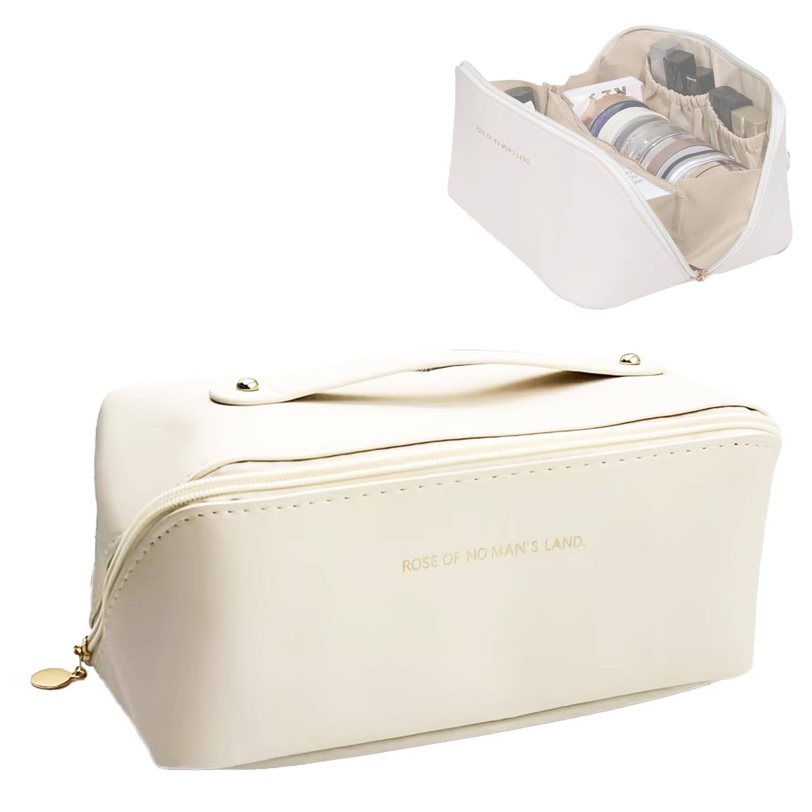 GIEEU Bolsa de cosméticos de gran capacidad, organizador de maquillaje de viaje, bolsa de aseo con asa y cremallera, bolsa de almacenamiento de cosméticos impermeable para mujeres y niñas, beige, Neceser