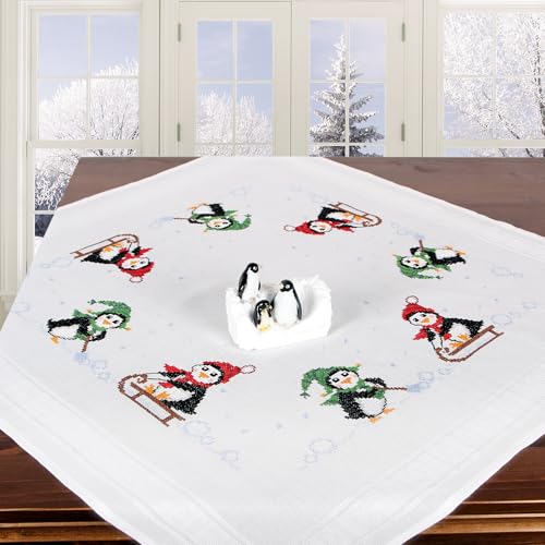 Broderie point de croix pingouins hiver KAMACA pour nappe de salon DIY