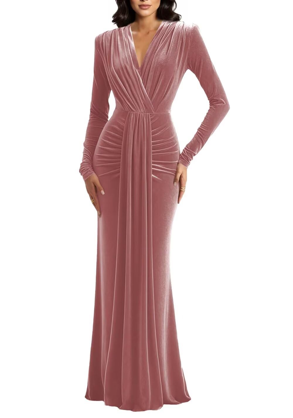 Long Sleeves Velvet Prom Dress for Women 2026 V Neck Wrap Formal Dress GR035