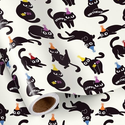RUSPEPA Birthday Cat Wrapping Paper Roll Cute Black Cats with Party Hats & Happy Birthday Text Funny Gift Wrap for Kids Teens Pet Lovers Party 17 Inches x 16.4 Feet