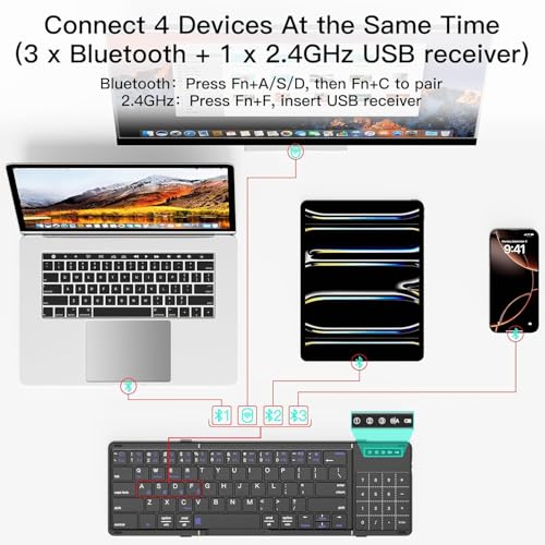 Image of Tobo Foldable Bluetooth Keyboard with Touchpad & Number Pad, Tri-Fold, 3 Bluetooth+2.4GHz, iOS Android Windows macOS, 90 Days Standby, Type-C Rechargeable (TD-BK77T)