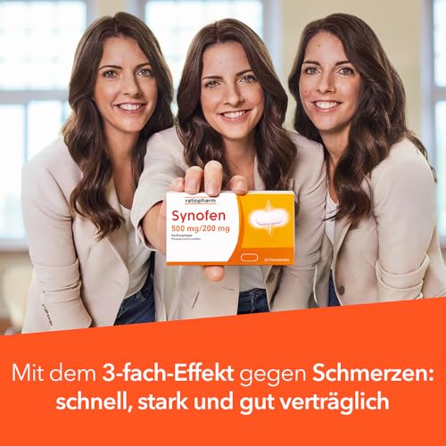 Synofen von ratiopharm: schnell, stark und gut verträglich gegen Schmerzen – mit der Wirkstoffkombination aus Paracetamol und Ibuprofen, 20 Filmtabletten (20)