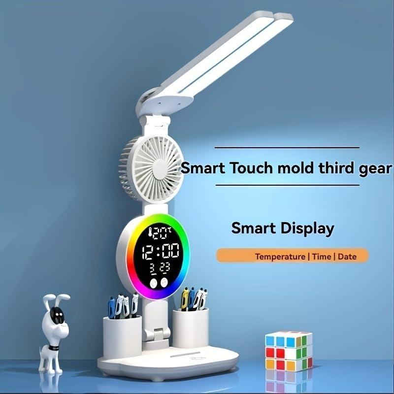 Student Eye-Protecting Dual-Head Desk Lamp with Built-in Fan - Rechargeable & Portable