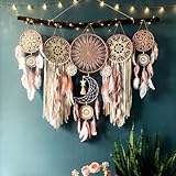 5 Pack Moon Phase Dreamcatcher Set Boho Wall Decor, Boho Macrame Wall Hanging Dream Catchers, for Home, Bedroom, Living Room, Witchy Gifts (Pink)