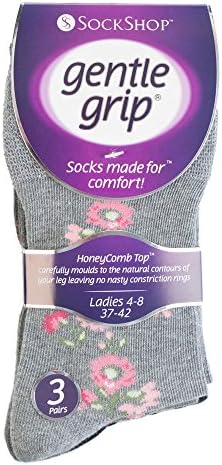 Ladies Non elastic, Gentle Grip, Diabetic Socks, Various Designs/Colours, Ladies UK Size 4-8 (3 pair Pack, D. Assorted Floral)