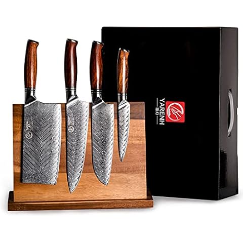 YARENH Knife Set with Magnetic Block 5 Piece, Professional Kitchen Knife Set, 73 Layers Damascus High Carbon Stainless Steel, Natural Sandalwood Handle, Sharp Chef Knife Cover