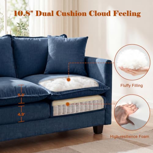 Image of 50'' Loveseat Sofa Set, Small Couch Set 2 Piece Cloud Love Seat with 27 inch Deep Seat Washable Chenille Pillows Couches for Small Spaces Apartment Living Room, Blue