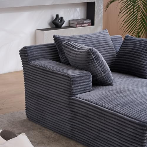 Image of Oversized Chaise Longue Chair Indoor, Upholstered Corduroy Deep Seat Sofa Bed with Throw Pillows and Armrests, Sleeper Sofa Couch for Living Room, Bedroom Apartment EL973