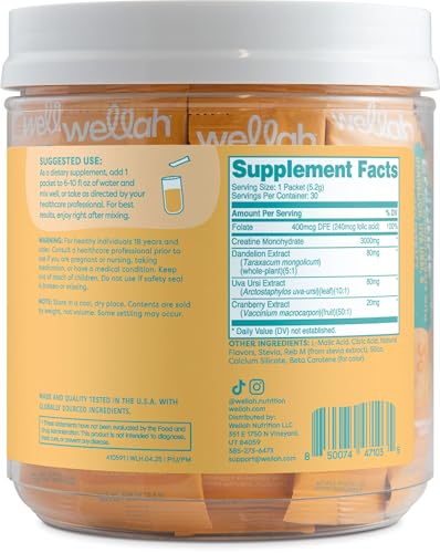 Image of Wellah Creatine for Women (Pineapple Mango) 30 Stick Packs - 3g of Creatine Monohydrate with Dandelion, Uva Ursi, & Cranberry Extract, to-Go Packets