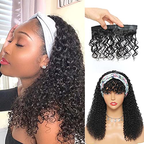 Headband Wig, Curly Headband Wigs for Black Women, Headband Wig Human Hair with Removable Bangs, 2 Hair Style Glueless Brazilian Human Hair Machine Made Natural Balck 20 Inch