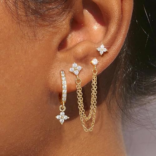 Sterling Silver Stud Hoop Earrings Set, Dainty Gold Silver Flower Chain Earrings for Multiple Piercing, Hypoallergenic Earring Jewelry for Women Trendy 20253