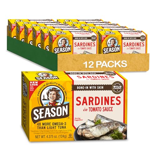 Season Sardines in Tomato Sauce - Wild Caught, 22g of Protein, Keto Snacks, More Omega 3's Than Tuna, Kosher, High in Calcium, Canned Sardines - 4.37 Oz Tins, 12-Pack
