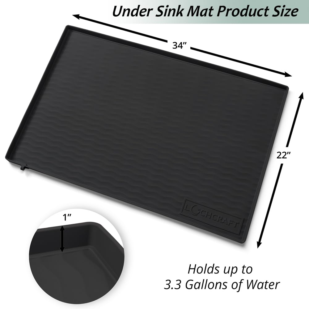LochCraft - Heavy Duty Under Sink Mat - Thicker Design, Patented Drain, BPA Free - Under Sink Mats for Kitchen Waterproof - Ideal Under the Sink Mat Waterproof Solution - 34 x 22 Inches - (Black)