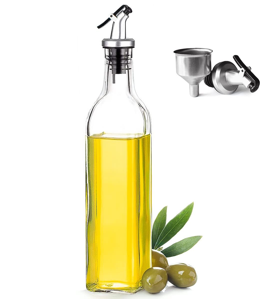 BOZKAA Glass Oil Bottle Drizzler 500ml Olive Oil Dispenser Bottles with 1 Funnel, 2 Stainless Steel Pourer, Lead-Free Glass Oil and Vinegar bottle for Kitchen
