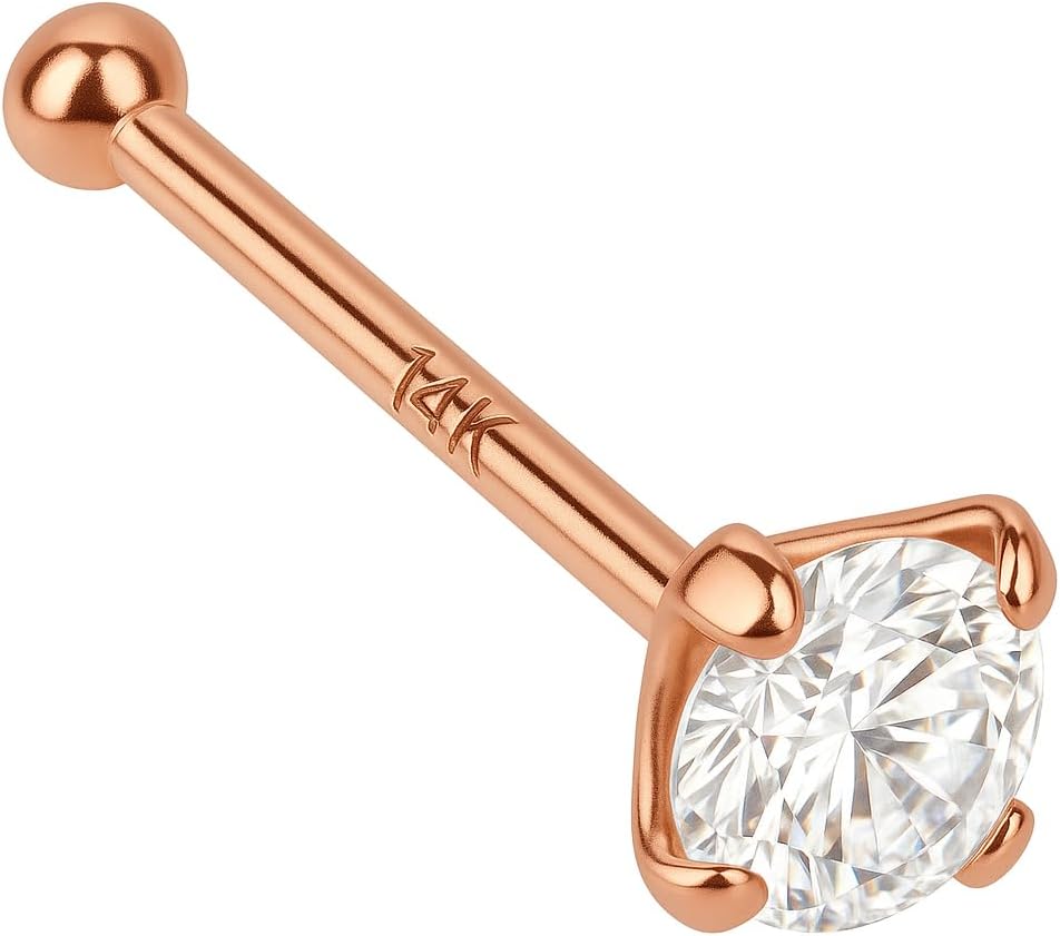14k Gold Nose Stud Nose Piercing, 2.5mm Genuine Diamond, 1/4 Inch Length, 22 Gauge Solid Gold Nose Ring