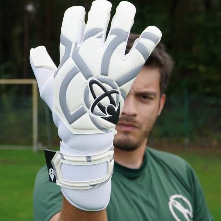Atlas Goalkeeping Prototype Soccer Goalie Gloves, Professional Neoprene with Negative Cut Design, White/Black, Supersoft Padding, 4mm Latex Palm, Extended Wrist Strap (8)