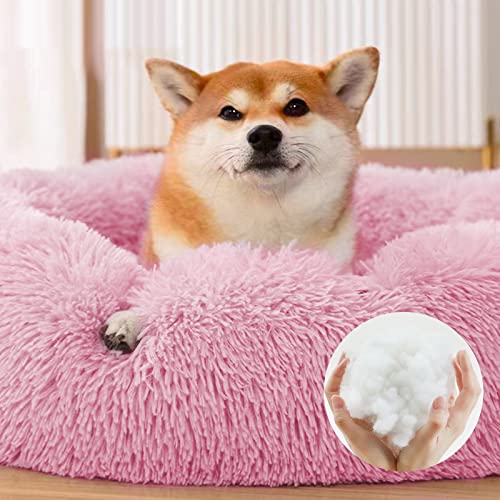 DONWEI Katzenbett Flauschig, Donut Kissen Hundebett, Flauschig Weiches Katzenkissen Rund, Waschbar Plüsch Katzenkorb, Katzenkörbchen, Katzencouch für Kleine Hunde und Katzen(50cm, Rosa)