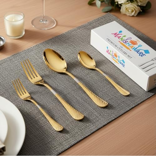 Image of Classic Gold 20 Pcs Stainless Steel Cutlery Set for Dining Table, Dishwasher Safe Glossy Flatware (Perfect Spoon Fork Set)