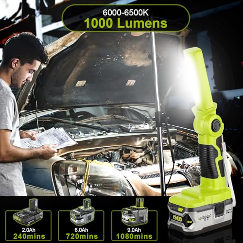 Image of YEX-BUR LED Work Light for Ryobi 18V Battery, 12W 1000LM Protable Flashlight with Low Voltage Protection 270 Rotating Wide-Angle Lighting for Workshop, Camping, Outdoor