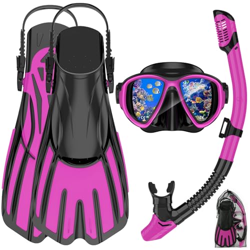 Snorkeling Gear for Adults,3 in 1 Snorkel Set with Panoramic View Diving Mask Anti-Fog Anti-Leak,Dry Top Snorkel,Fins and Travel Bag for Swimming,Snorkeling and Travel Diving