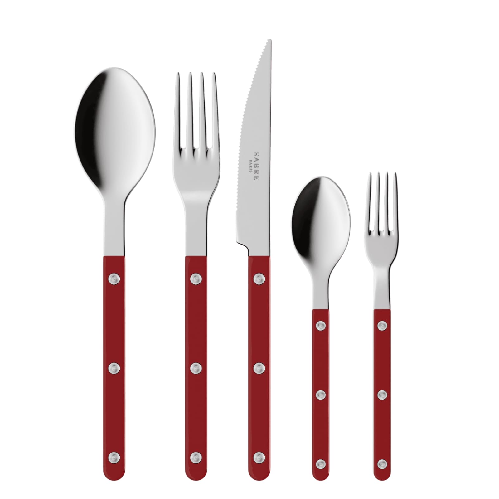 SABRE PARIS - Tafelbesteck, 5-teilig - Bistrot - Messer, Gabel, Esslöffel, Teelöffel & Kuchengabel - Edelstahl & Nylon - Spülmaschinenfest - Burgunderrot