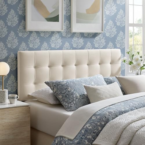 Image of Modway Lily Performance Velvet King Size Headboard with Biscuit Tufting in Alabaster - Stain-Resistant Upholstery with Padded Design and 5 Height-Adjustable Mounts