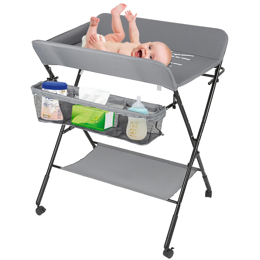 OHMG Table à langer pliante,Pliable et compacte Table à Langer Bébé,Table à langer avec panier de rangement,ceinture de sécurité et 4 roues avec frein,Réglable en hauteur